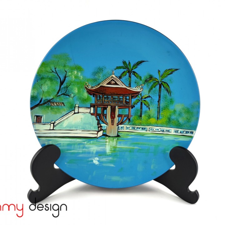 Blue round lacquer dish hand-painted with One Pillar pagoda included with stand 25 cm